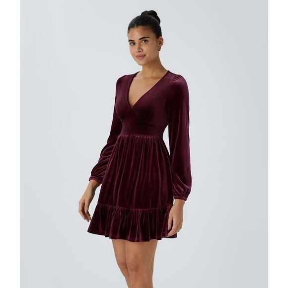 Halara Everyday Deep V Neck Ruffled Hem Velvet Mini Chill Dress Sangria Red S - Picture 6 of 6